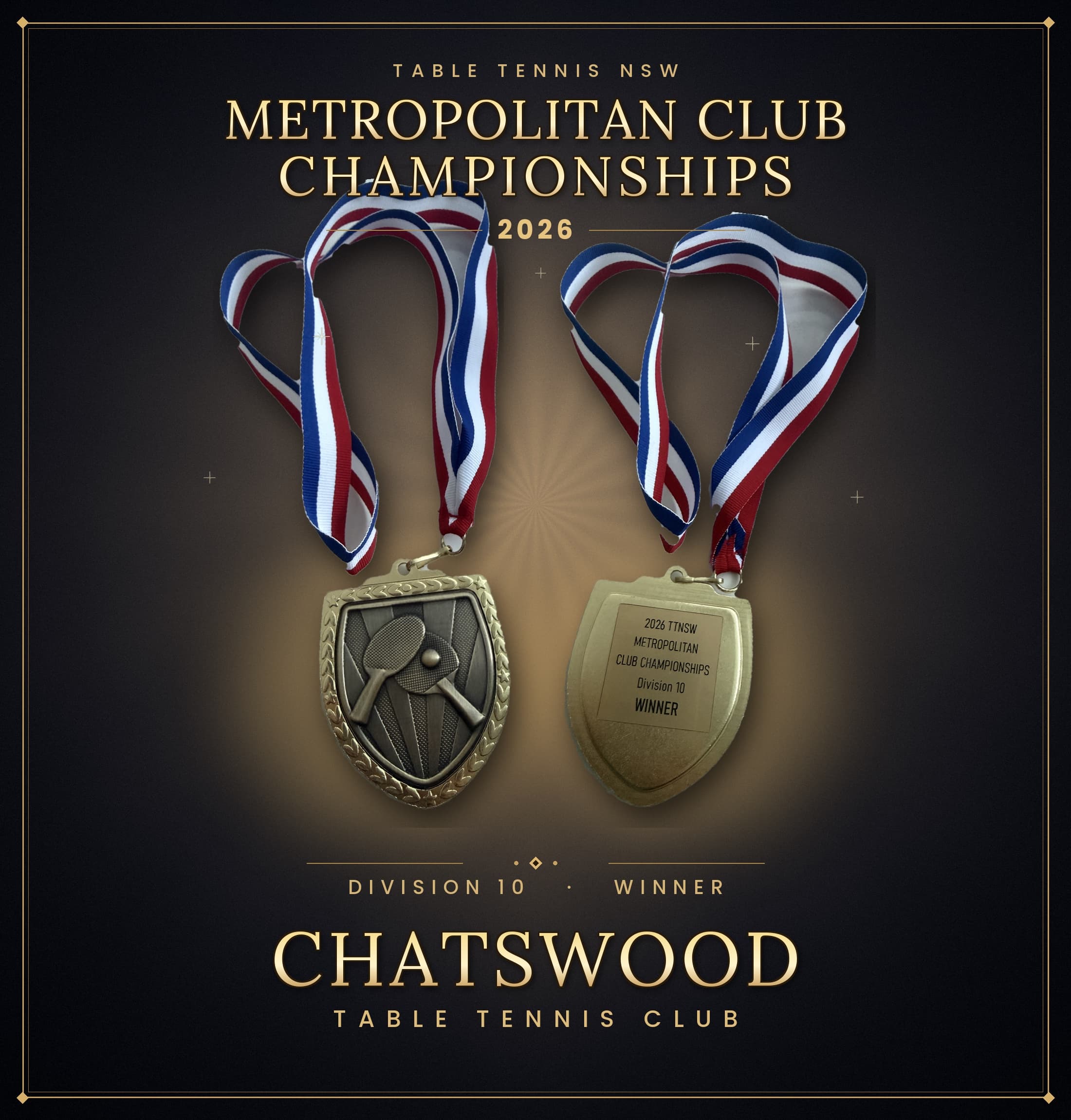 Gold medal championship poster for Chatswood Table Tennis Club Division 10 winner