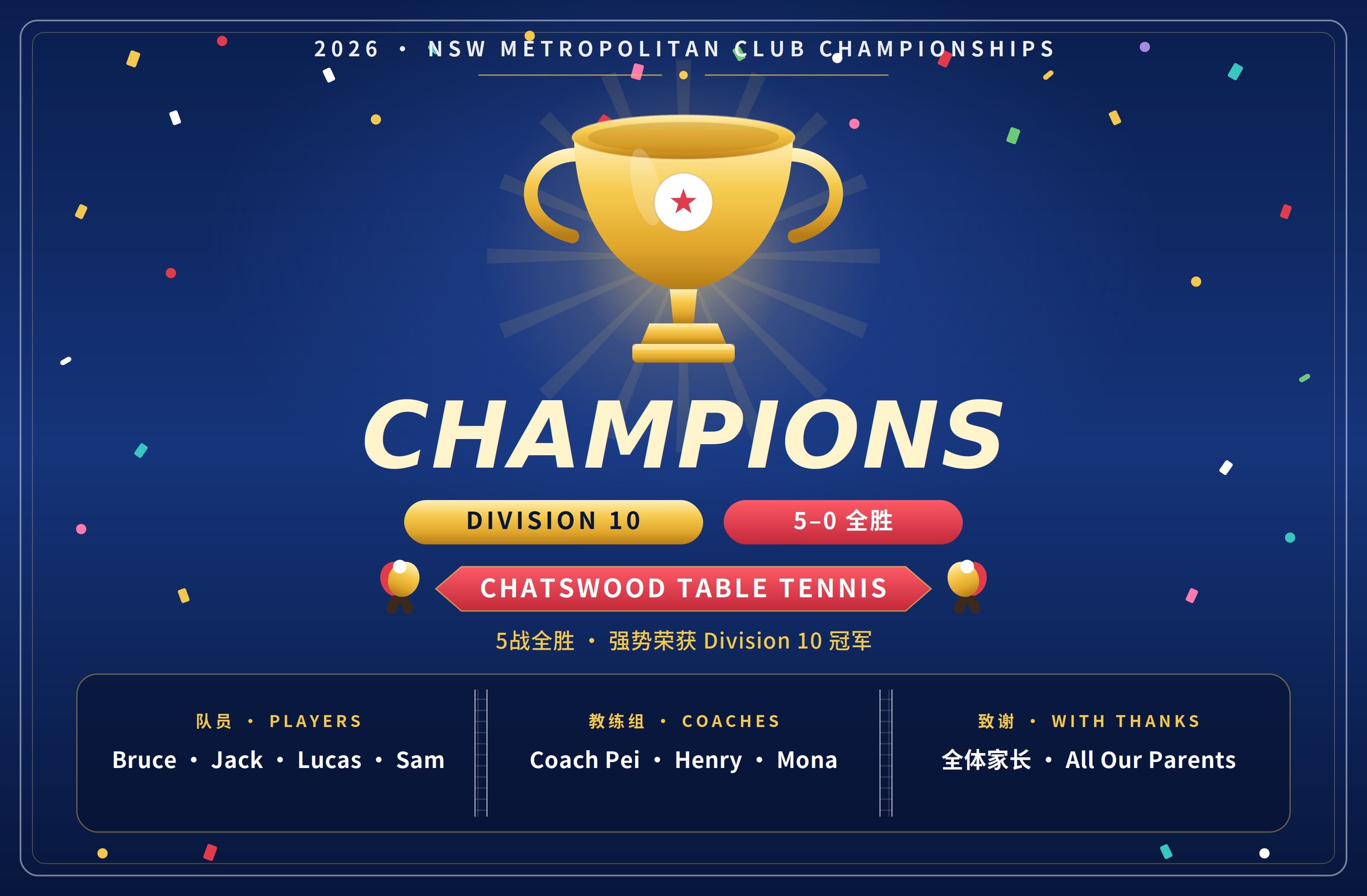Chatswood Table Tennis Division 10 champions graphic showing a perfect 5-0 record